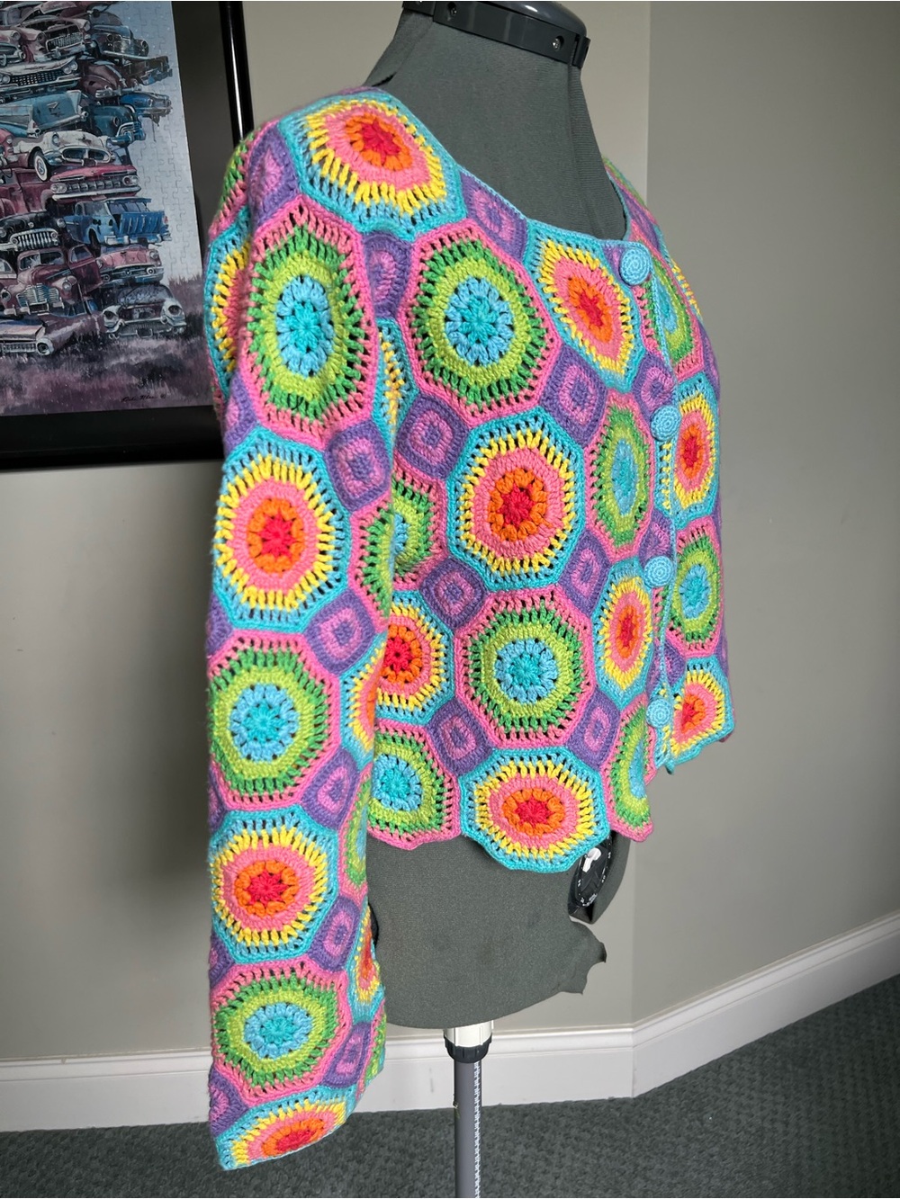 Michael Simon S M Open Crochet Sweater Cardigan Octagon - Picture 2 of 7